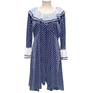 RARE Vintage 70s Blue & White Polka Dot Bib Collar Retro Mini Dress Plus Size 2X